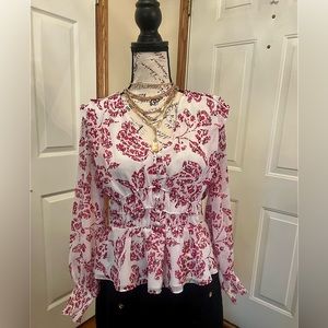 White House Black Market Floral Print Fitted Waist Blouse Large White Pink